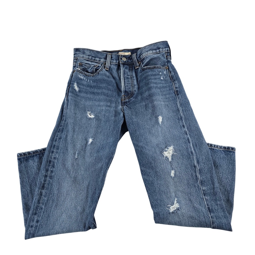 Levis Wedgie Straight Distressed Jeans Medium Wash Blue W27 Button Fly